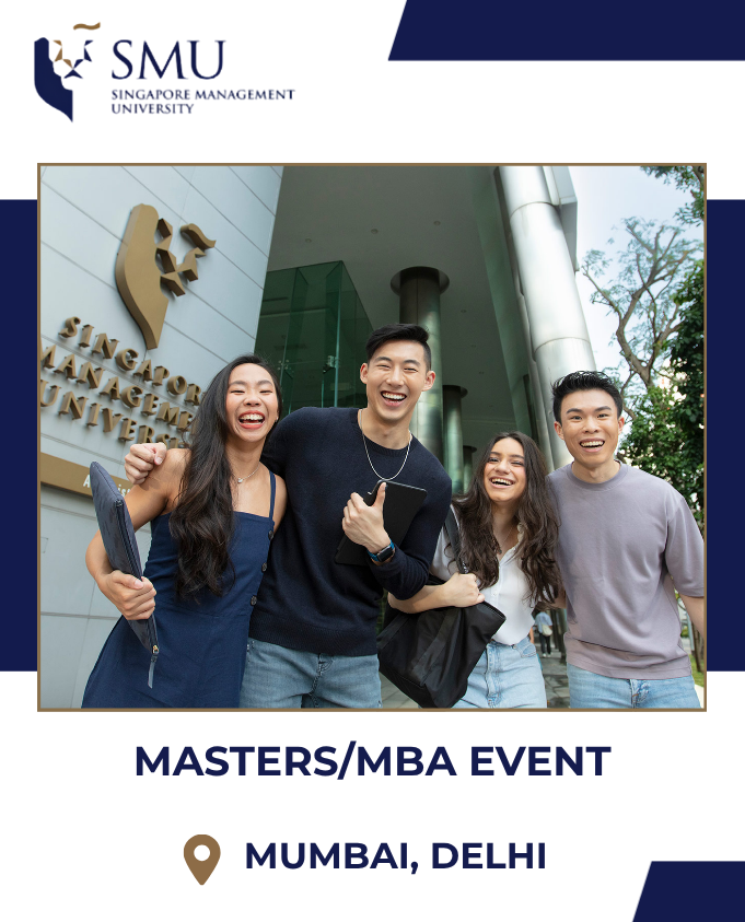 SMU Day 2026 — a Masters/MBA event in Delhi on 19 September and Mumbai on 20 September. Interview prep, personal consultations, application fee waivers and career support.